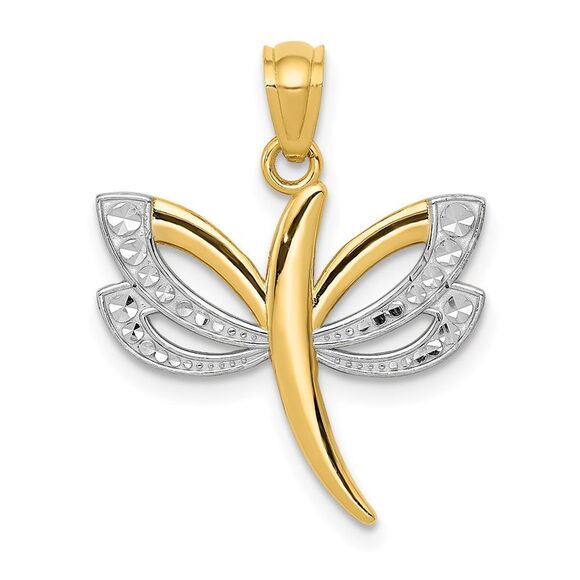 14k Yellow Gold and White Rhodium Two Tone Dragonfly Pendant, 18mm - Picture 1 of 5